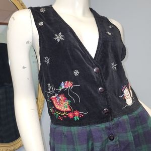 🎅 Vtg Christmas Jumper Dress 90s plaid velvet embroidered snow men M